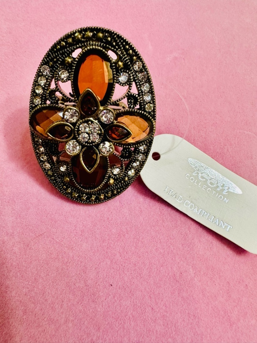 Gold Tone Amber Rhinestone Oval Statement Ring ✨ Adjustable NWT - Picture 2 of 3